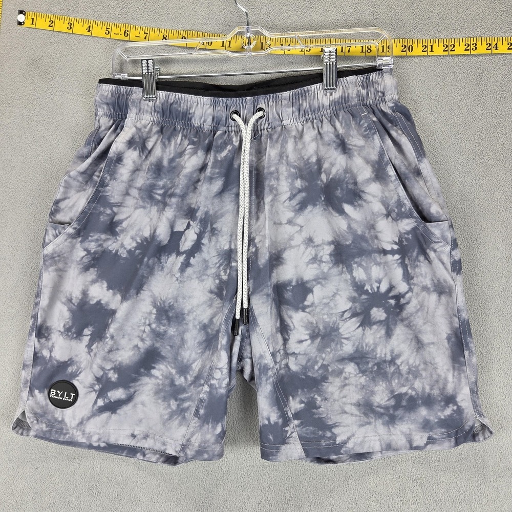 BYLT Shorts Mens L Gray Active Tie Dye Lined Drawstring Zip Pocket Athletic
